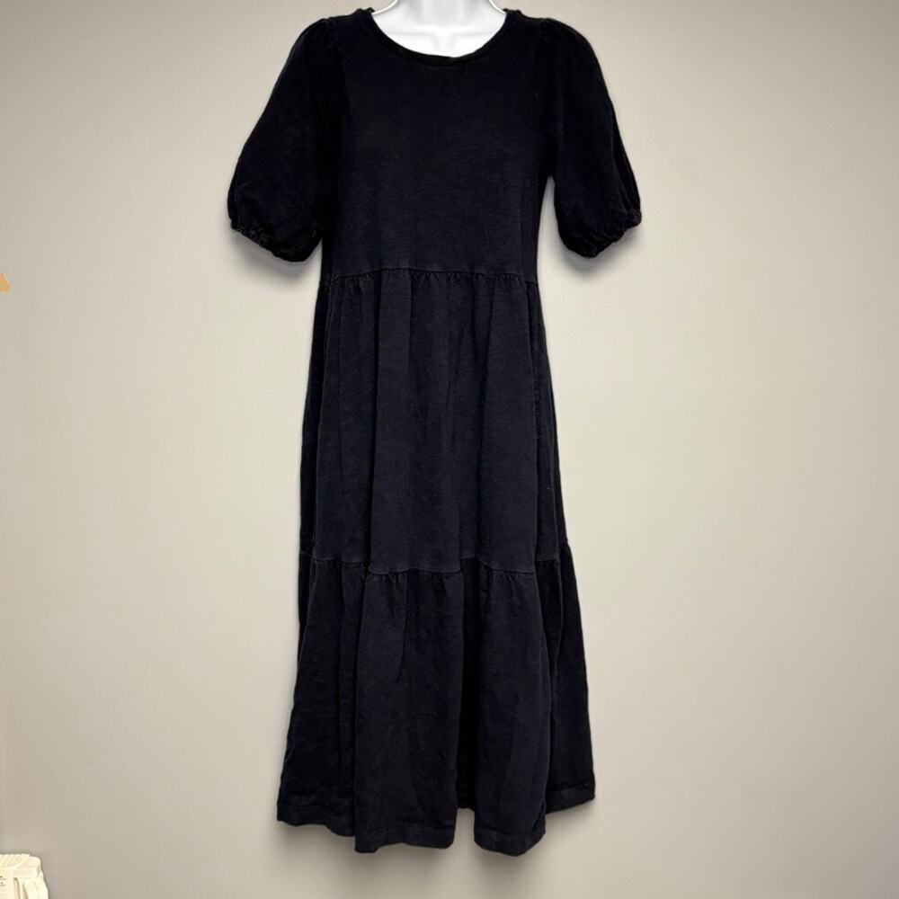 Loft Tiered Puff Sleeve Navy Blue Nautical Coastal‎ Midi Boho Peasant Dress Sz S